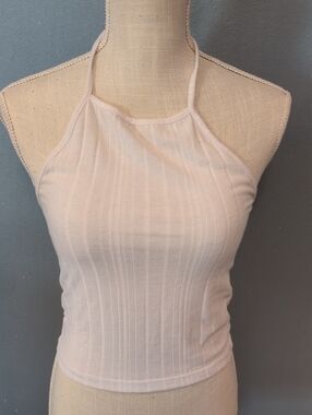 ADC White Flowy Ribbed Knit Coquette Cropped Halter Top Feminine Summer Boho